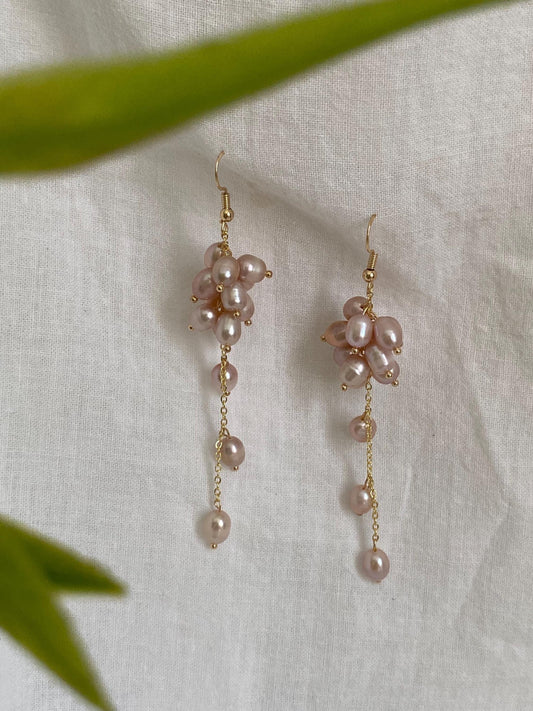 Pink Pearl Cluster Drop Earrings