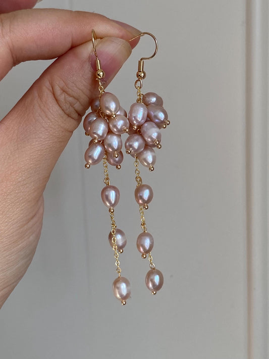 Pink Pearl Cluster Drop Earrings