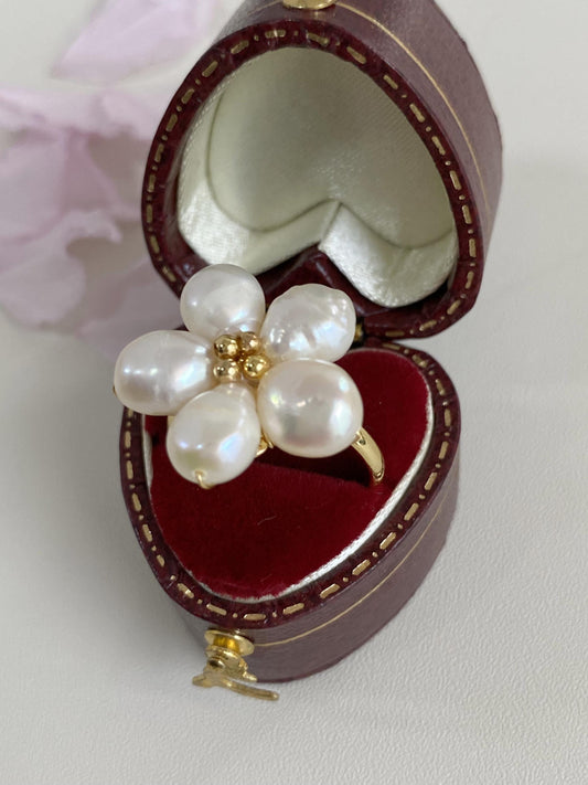 Baroque Pearl Spring Flower Adjustable Ring