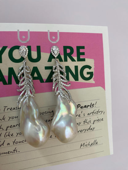 Large Baroque Pearl Silver Leaf Earrings