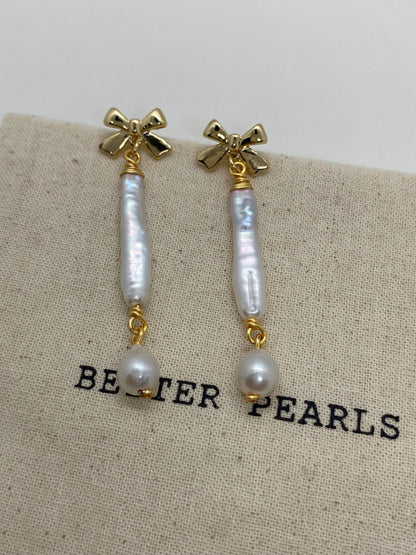 Gold Bow Baroque Pearl Drop Earrings