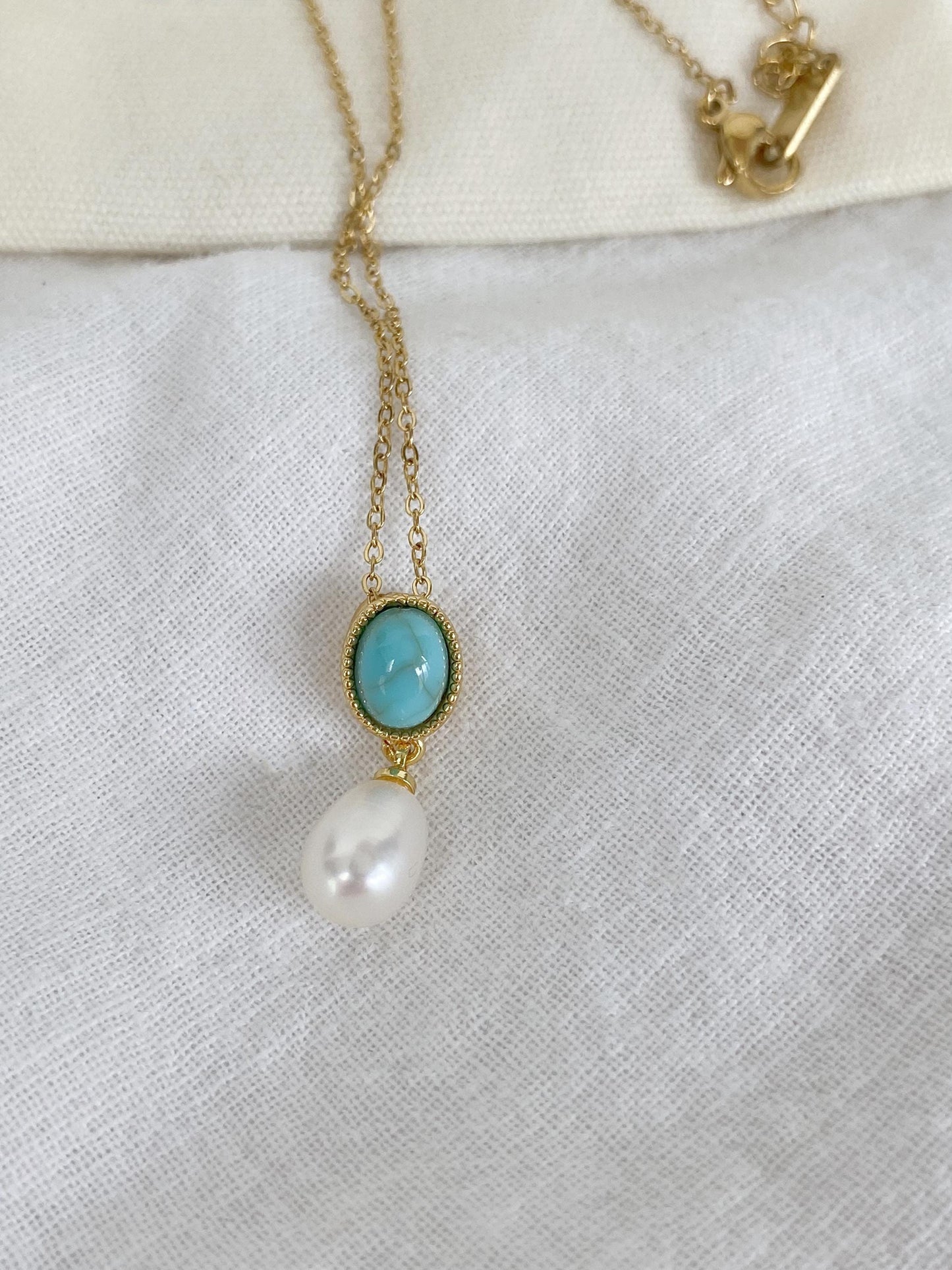 Turquoise & Pearl Pendant Necklace 18K Gold Plated