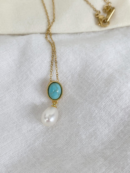 Turquoise & Pearl Pendant Necklace 18K Gold Plated