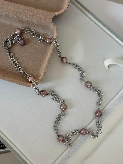 Lavender Baroque Pearl & Silver Link Necklace Bracelet Set