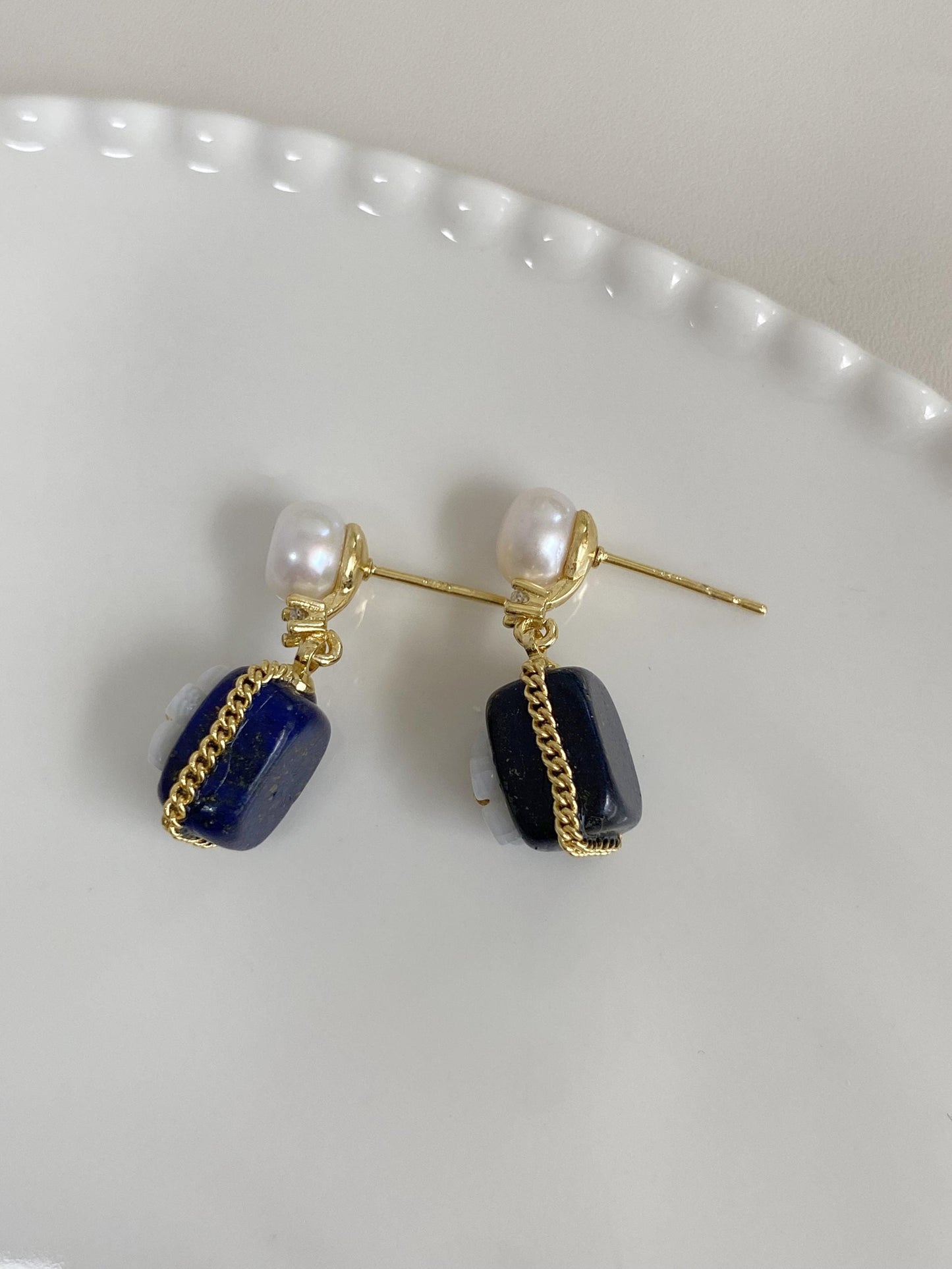 Vintage Lapis Lazuli & Pearl Gold Drop Earrings