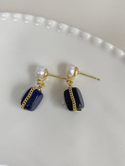 Vintage Lapis Lazuli & Pearl Gold Drop Earrings