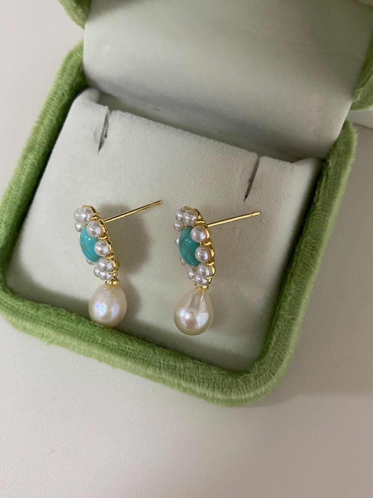 Vintage Turquoise & Baroque Pearl Dangle Earrings