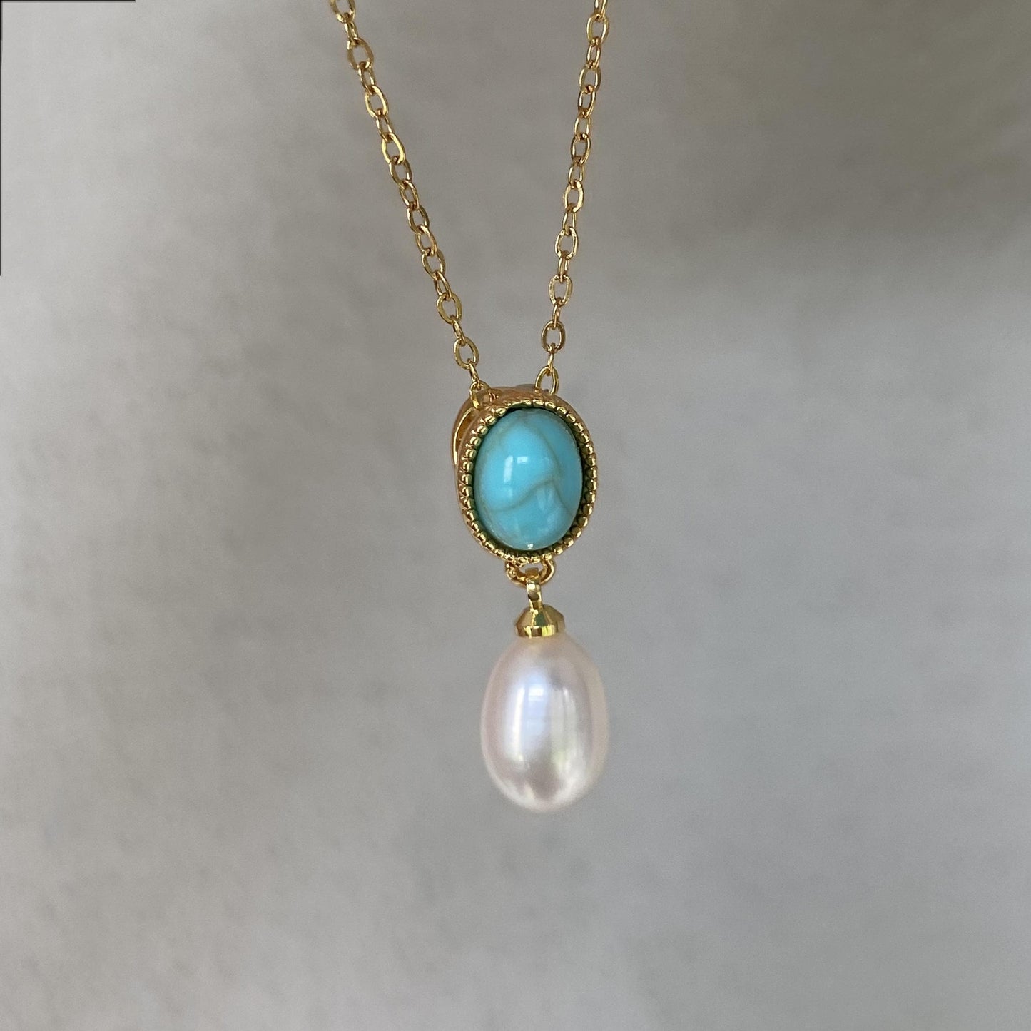 Turquoise & Pearl Pendant Necklace 18K Gold Plated