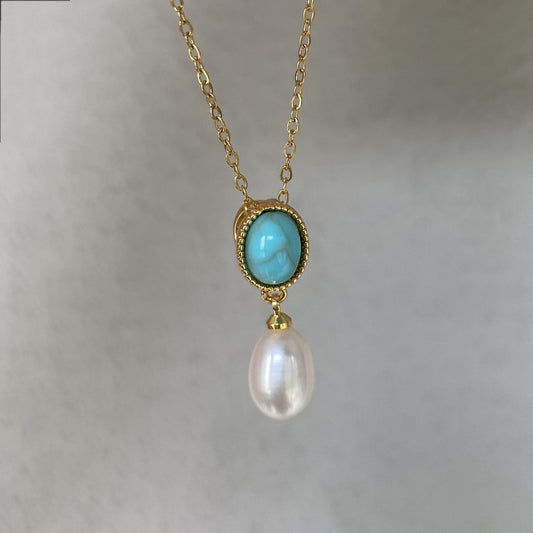 Turquoise & Pearl Pendant Necklace 18K Gold Plated