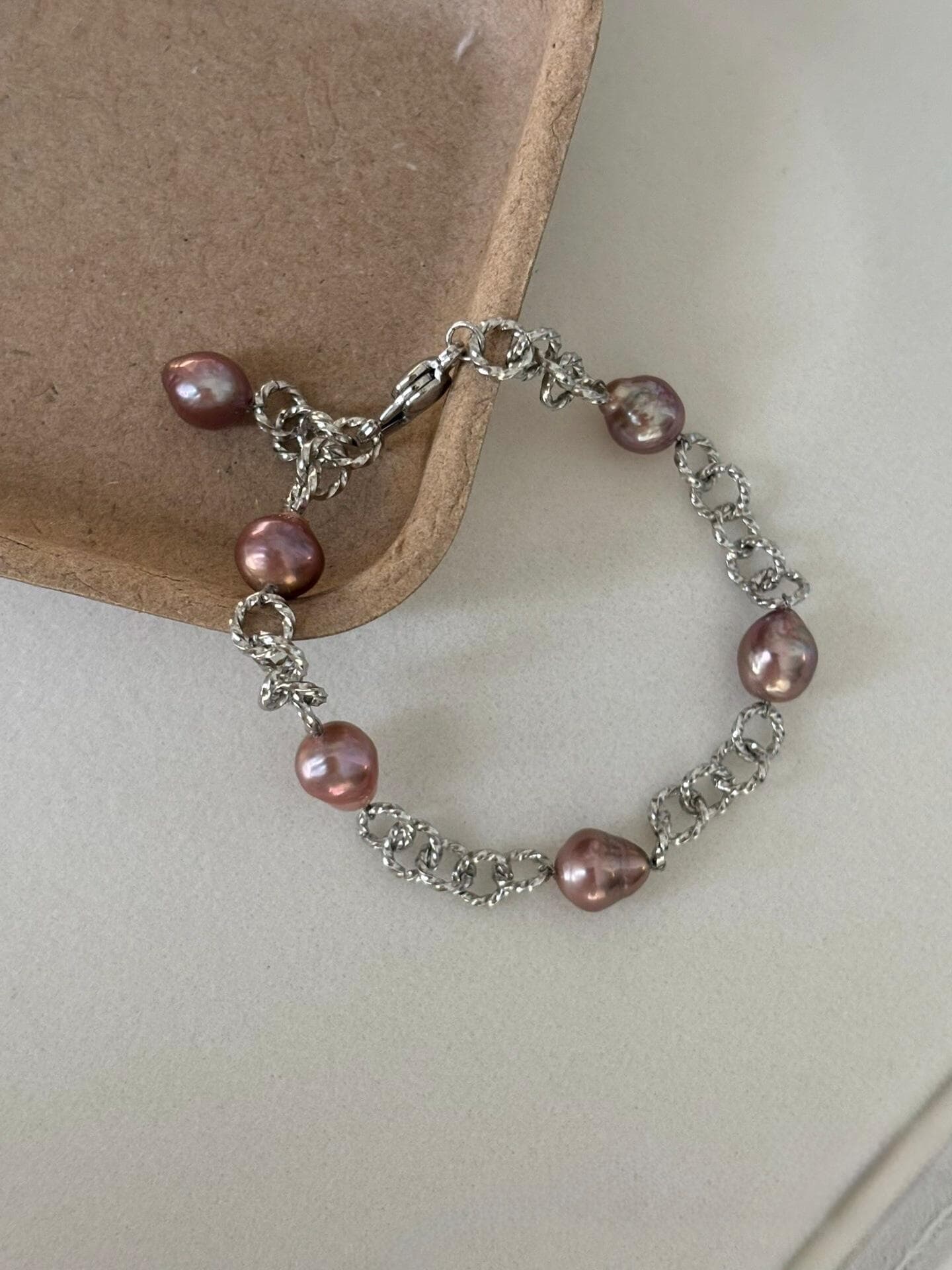 Lavender Baroque Pearl & Silver Link Necklace Bracelet Set
