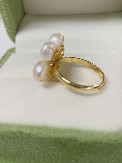 Baroque Pearl Spring Flower Adjustable Ring