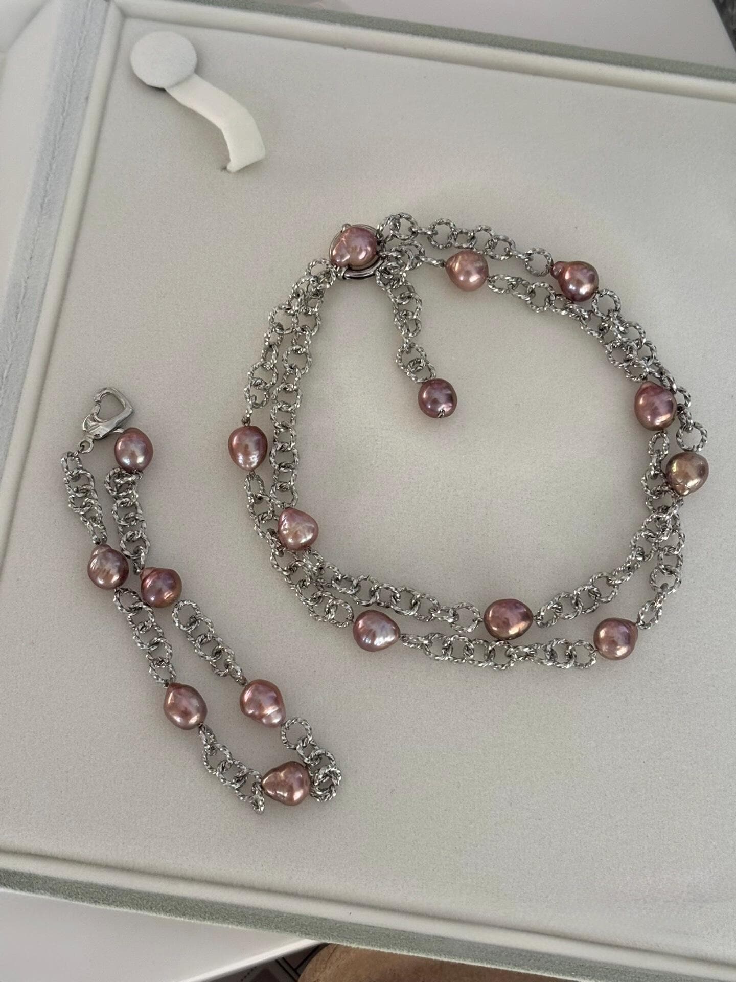 Lavender Baroque Pearl & Silver Link Necklace Bracelet Set