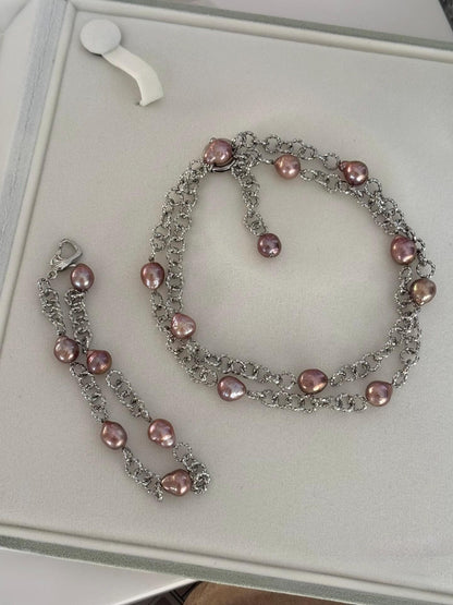 Lavender Baroque Pearl & Silver Link Necklace Bracelet Set