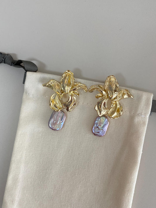 Gold Orchid Pearl Earrings