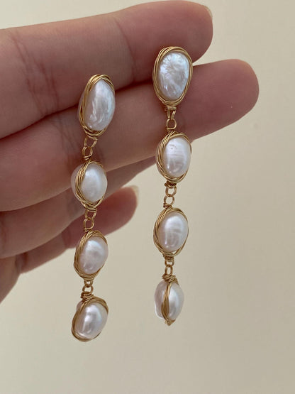 Handmade Gold Wire Wrapped Baroque Pearl Drop Earrings