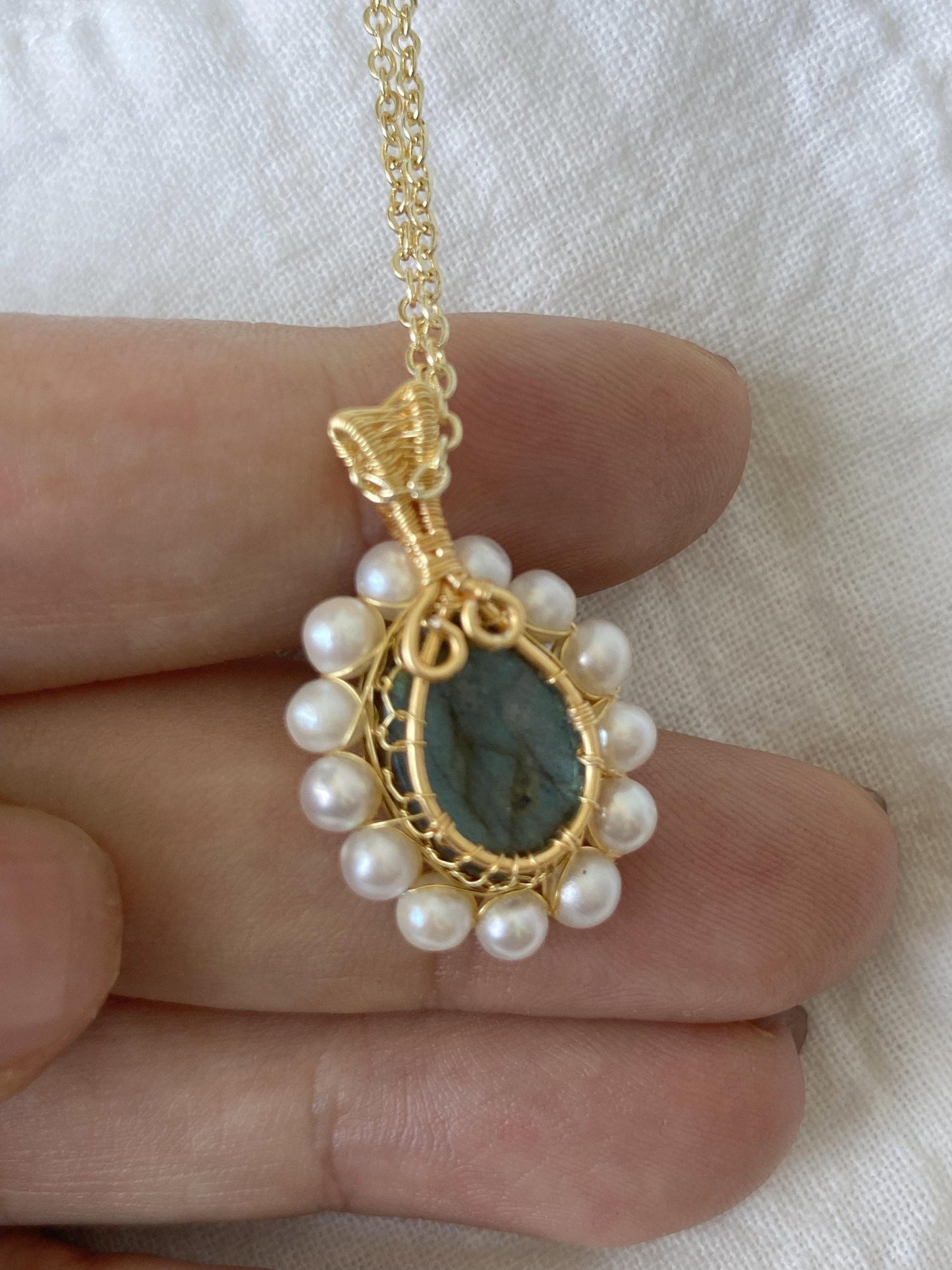 Labradorite & Pearl Wire Wrapped Pendant Necklace