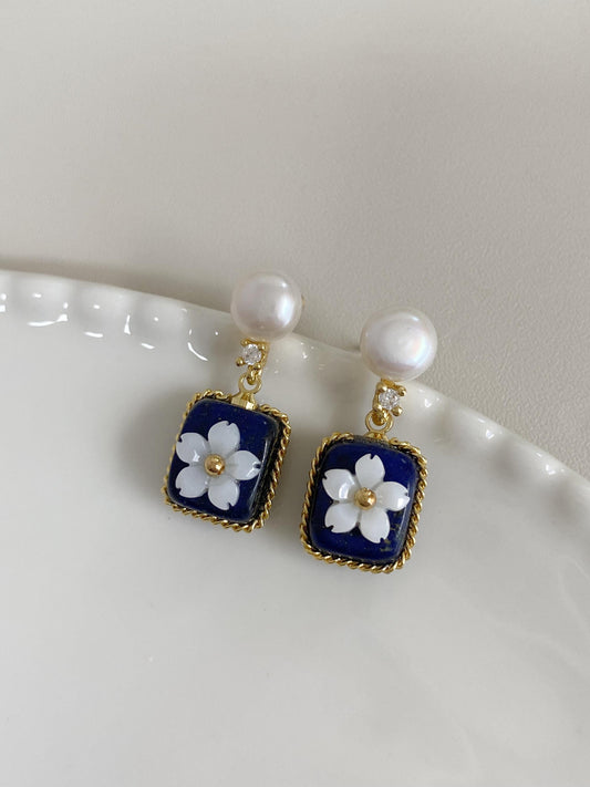 Vintage Lapis Lazuli & Pearl Gold Drop Earrings