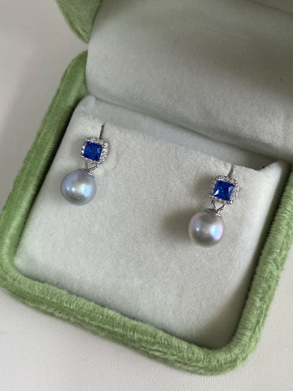 Akoya Pearl & Blue CZ Drop Earrings in Sterling Silver