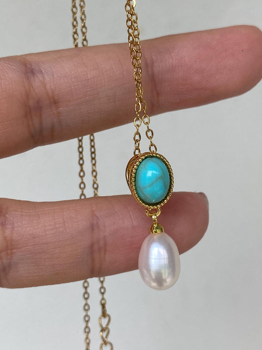 Turquoise & Pearl Pendant Necklace 18K Gold Plated