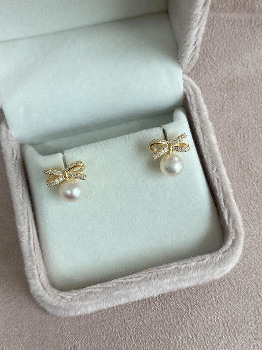 Akoya Pearl Stud Earrings with Bow | 5-6mm Saltwater Pearls | 925 Sterling Silver or Gold | Bridal Jewelry Gift for Her