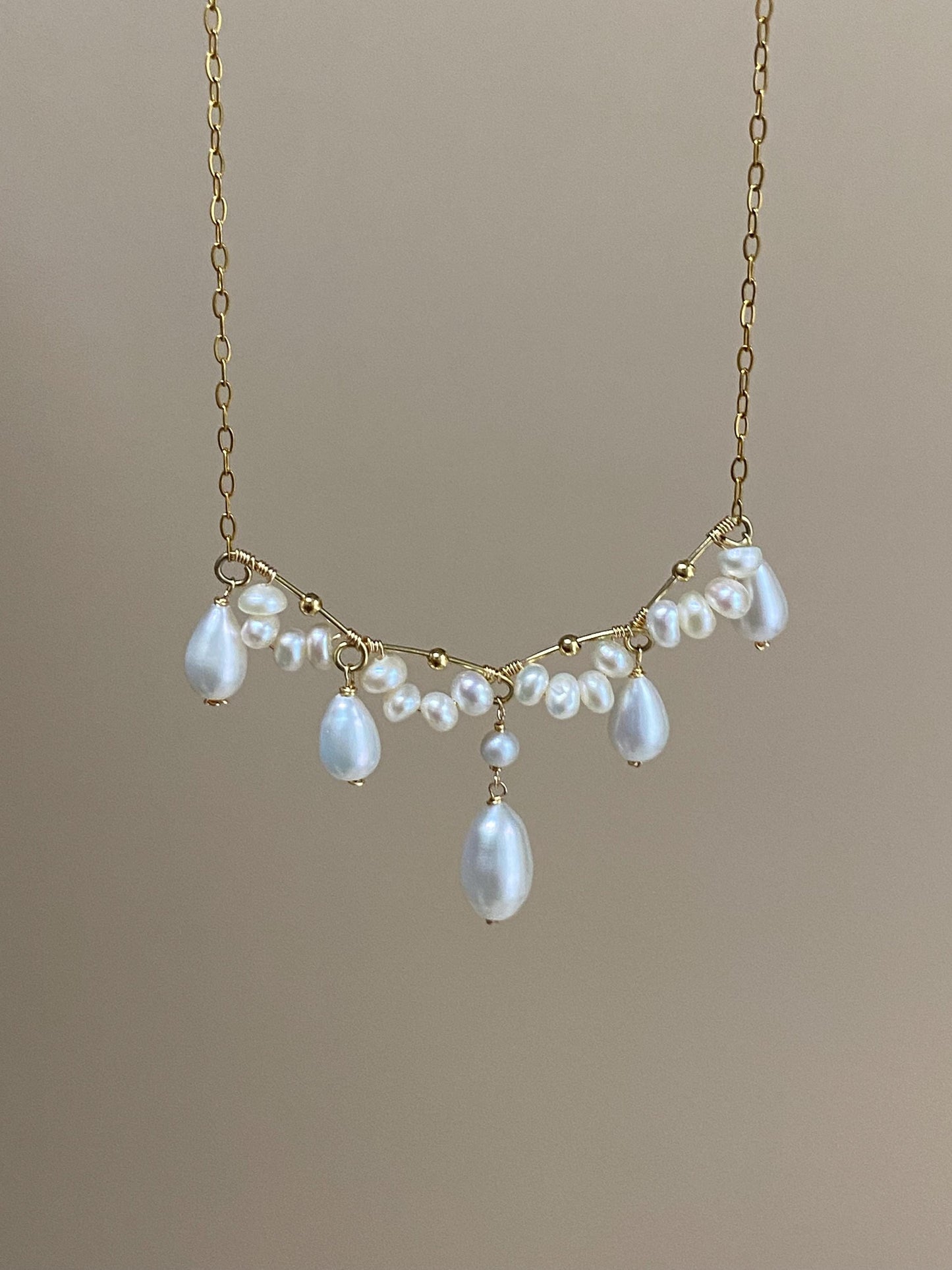 Dainty Freshwater Pearl Drop Necklace Gold Wire Wrapped