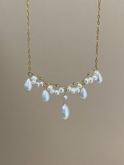 Dainty Freshwater Pearl Drop Necklace Gold Wire Wrapped