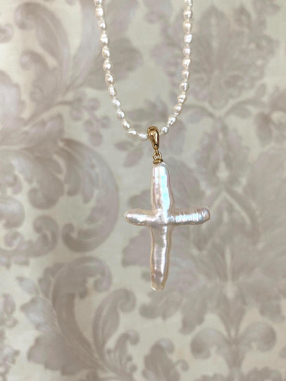Baroque Pearl Cross Pendant Necklace