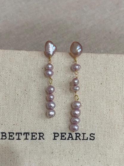 Baroque Lavender Pearl Drop Earrings, Long Dangle Real Pearl Earrings, Gold Filled Elegant Jewelry Gift for Her