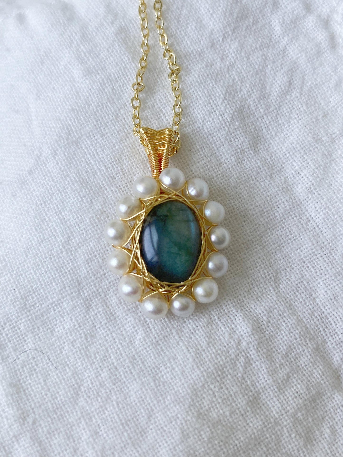 Labradorite & Pearl Wire Wrapped Pendant Necklace