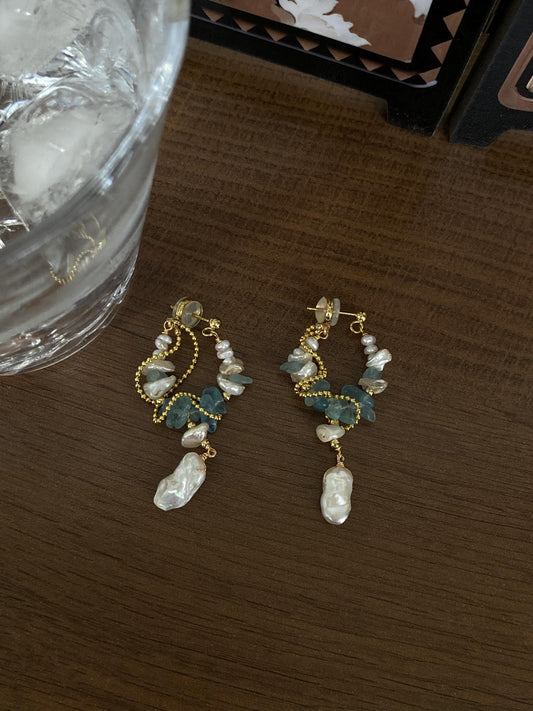 Asymmetrical Baroque Pearl Earrings with Aquamarine | Handmade 14K Gold Filled Jewelry | Statement Gemstone Earrings｜Ocean Drift