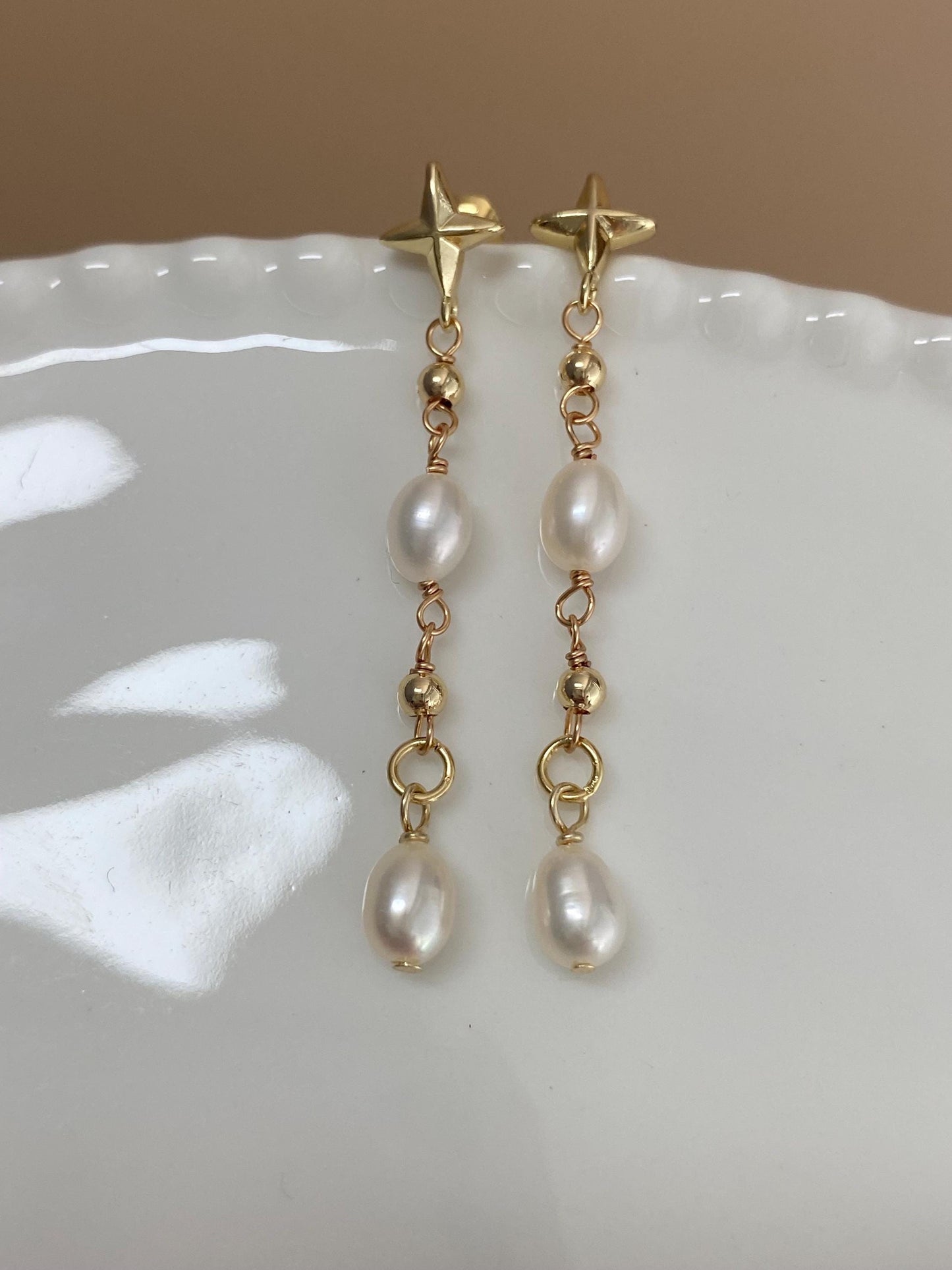 Gold Star Pearl Drop Earrings