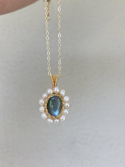 Labradorite & Pearl Wire Wrapped Pendant Necklace