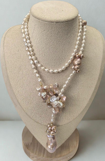 Pink Flower Pearl Wrap Necklace