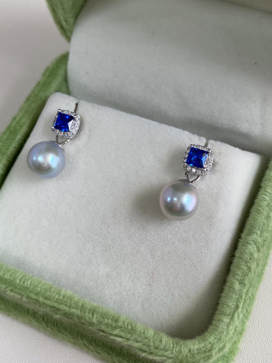 Akoya Pearl Drop Earrings with Blue Cubic Zirconia, 925 Sterling Silver Stud Earrings, Elegant Bridal Jewelry Gift for Her