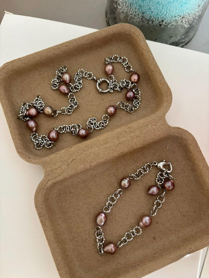 Lavender Baroque Pearl & Silver Link Necklace Bracelet Set