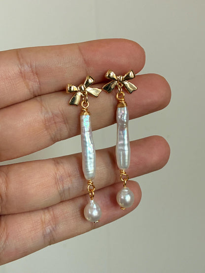 Gold Bow Baroque Pearl Drop Earrings
