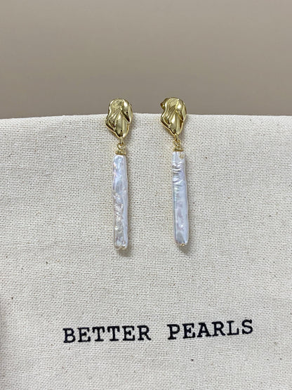 Long Stick Biwa Baroque Pearl Drop Earrings