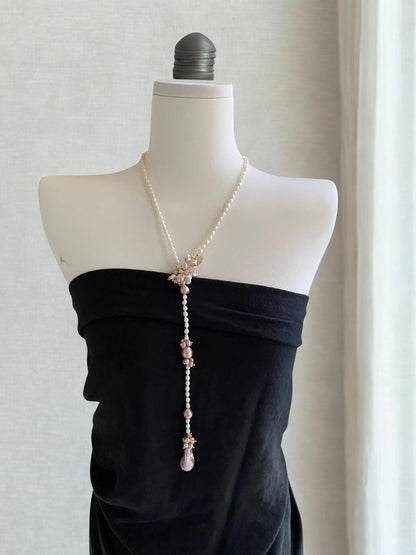 Pink Flower Pearl Wrap Necklace