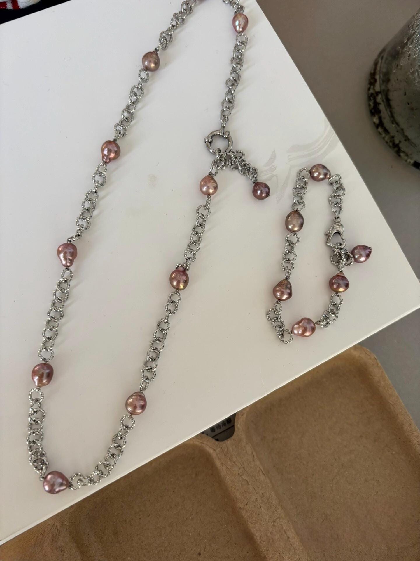 Lavender Baroque Pearl & Silver Link Necklace Bracelet Set