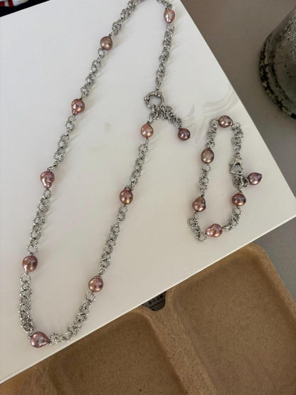 Lavender Baroque Pearl & Silver Link Necklace Bracelet Set
