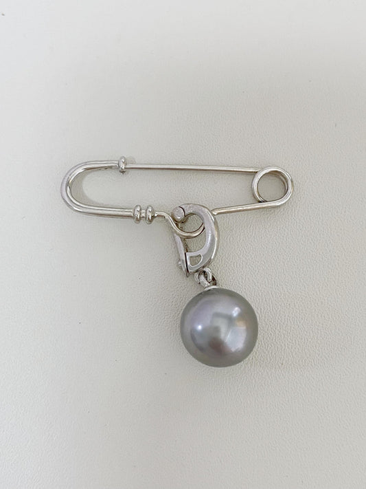 Tahitian Pearl Brooch – Genuine 12mm Grey Black Pearl on Sterling Silver Safety Pin, Modern Luxury Statement Jewelry Gift