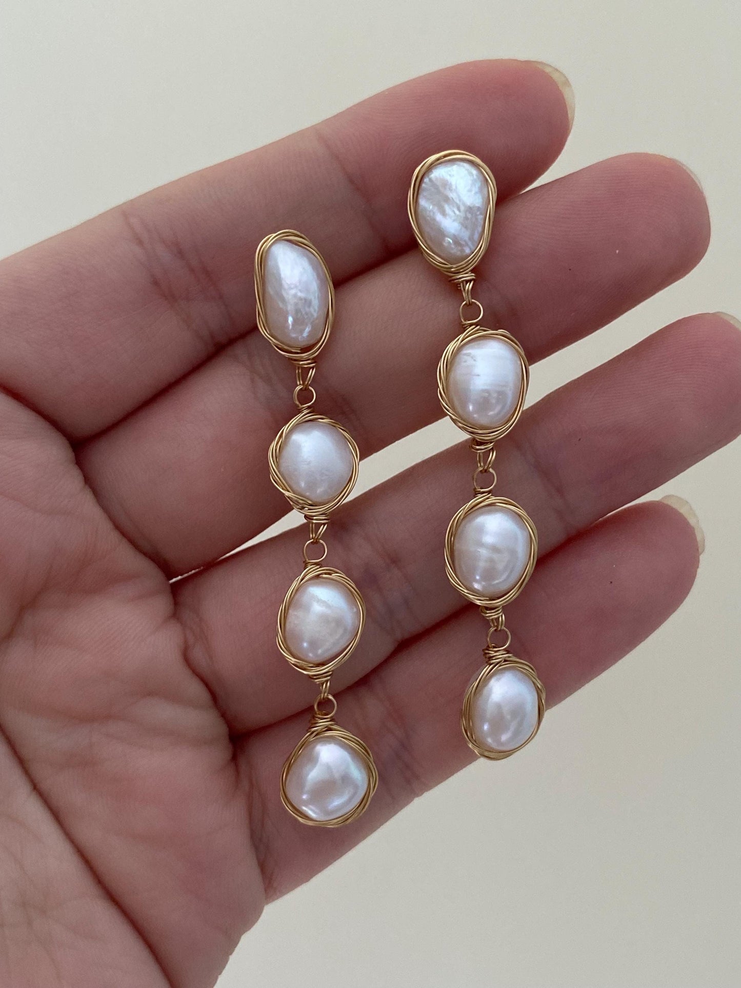 Handmade Gold Wire Wrapped Baroque Pearl Drop Earrings