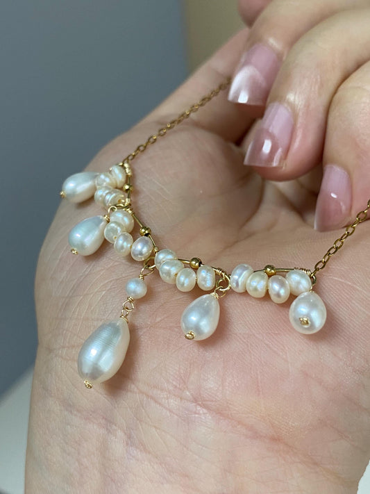Dainty Freshwater Pearl Drop Necklace Gold Wire Wrapped
