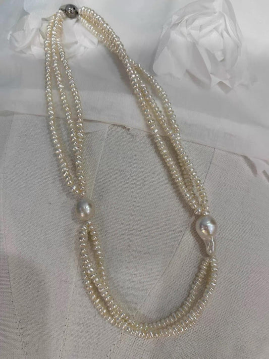 Triple Strand Baroque Pearl Statement Necklace